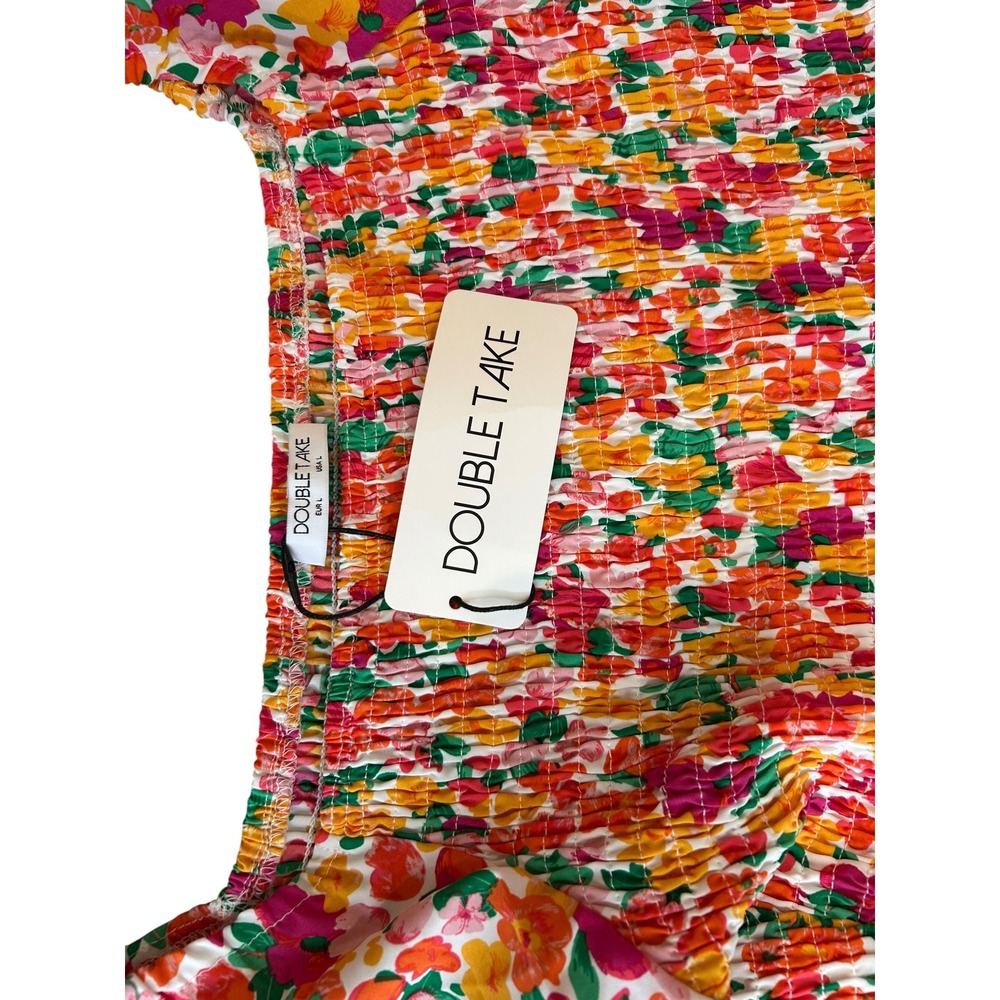 Double Take Floral Smocked Mini Dress Orange Pink Yellow Tiered Ruffle Large NWT